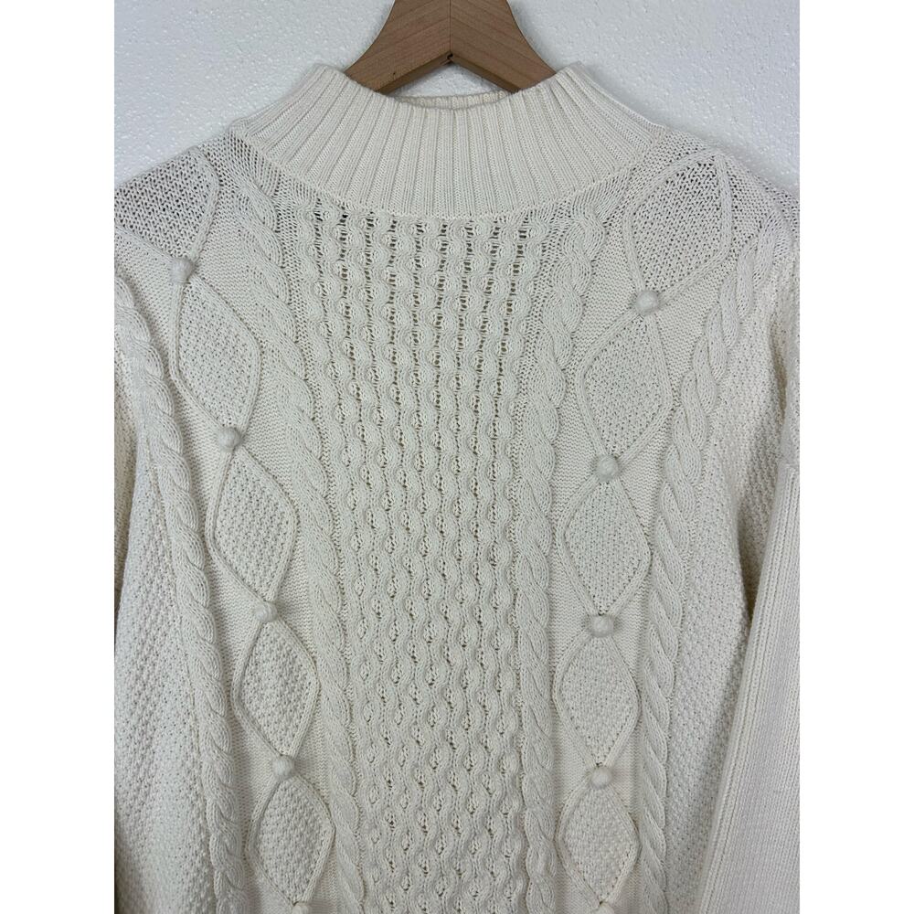 J. Crew Mock Neck Pom Pom Cable Knit Sweater White Medium Preppy Old Money - Picture 5 of 8